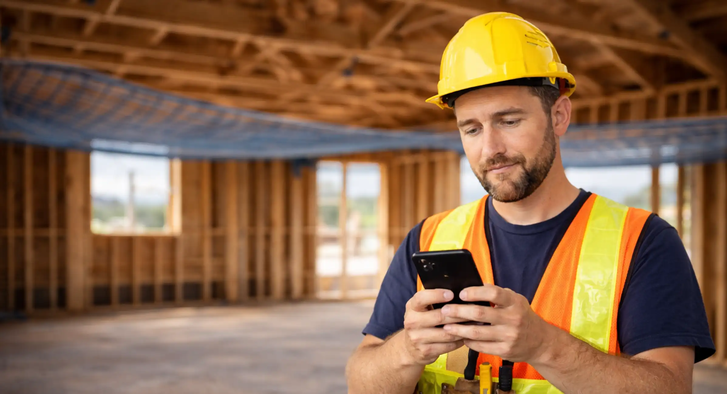 Construction worker using phone on building site with safety nets